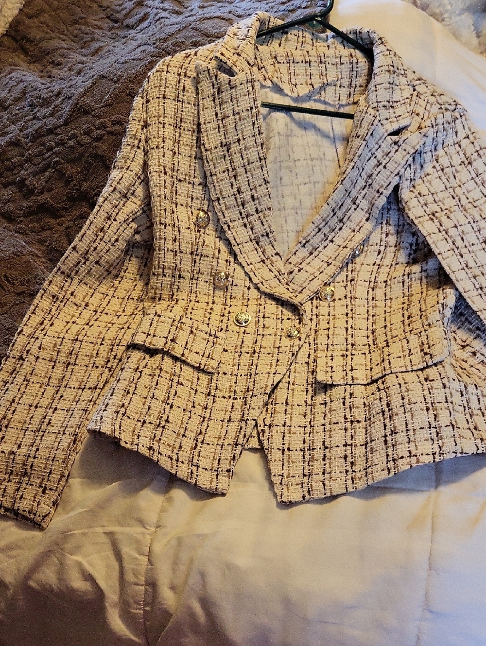 SHEIN Cream Tweed Double-Breasted Blazer Jacket